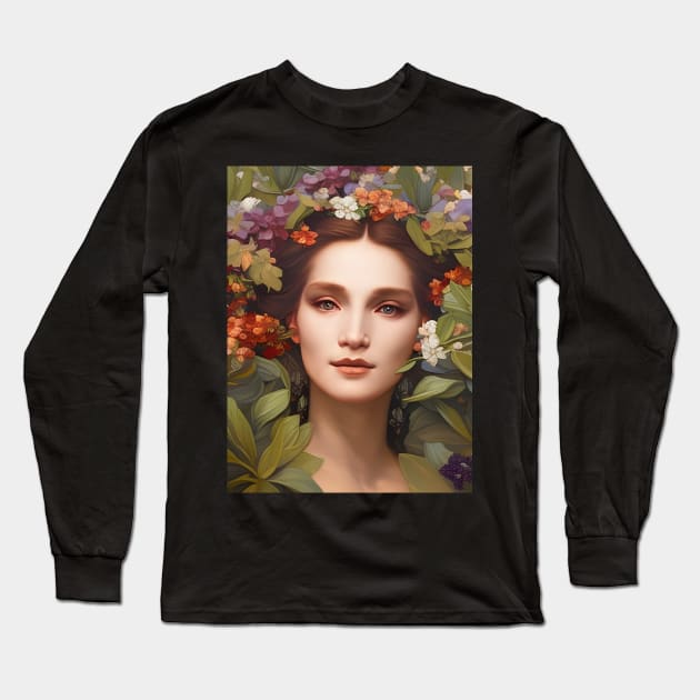 Spring Equinox Beautiful Woman Surrounded By Spring Flowers and Leaves Long Sleeve T-Shirt by Chance Two Designs